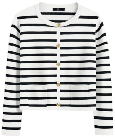 LILLUSORY Women's Striped Cardigan Sweaters Fall Outfits Clothes Fashion Trendy Long Sleeve Tops Casual Knit Lady Jackets White Black M