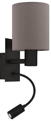Eglo Pasteri, Lampada da parete LED per interni con lampada da lettura, faretto spot in metallo nero e tessuto in marrone e antracite, applique per soggiorno e camera da letto, attacco E27