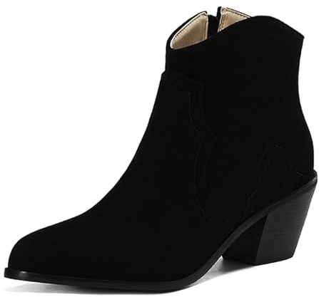 OALEEN Bottines Cowboy Femme Hiver Boots Talon Carré Western Effet Daim Bout Pointu Chaussures Noir 42