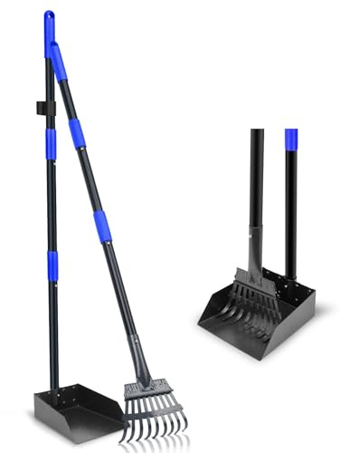 twocorn Pooper Scooper, Dog Pooper Scooper Tray and Rake Set with Adjustable Stainless Steel Long Handle for Large Medium Small Dogs (Blue)