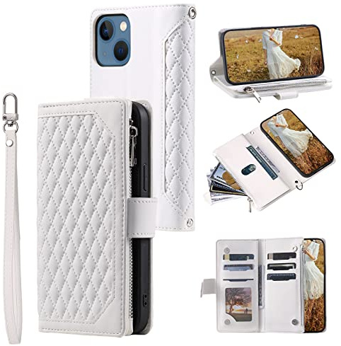 QLTYPRI Wallet Case for iPhone 13(6.1 inch),Luxury Quilted PU Leather Wallet Case with Card Slots for Women,Magnetic Zipper Purse Case with Wrist Strap Kickstand Shockproof Flip Cover-White