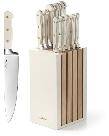 CAROTE 11 Pieces Knife Set with Block for kitchen, Stainless Steel Razor-Sharp Blade, Triple Riveted Ergonomic Handle, Wooden Magnetic Block, Essential Knife Block Set, Beige