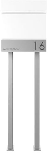 Briefkasten Manufaktur Design Standbriefkasten Kant Edition mit Zeitungsfach - Elegance 4 individuell mit Ihrem Namen & Hausnummer - 120cm Edelstahl-Ständer (RAL 9016 verkehrsweiß)