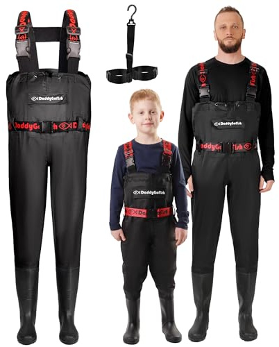 DaddyGoFish Waders barn och vuxna, fiske och jakt vadare med ficka och vadarkrok, Svart, Adulto (M5/W7)