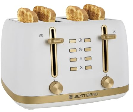 West Bend Timeless 4-Slice Toaster with 7 Browning Levels, Bagel/Waffle/Defrost Settings, High-Lift Lever, Anti-Jam, Easy-Clean Crumb Tray, 4-Slice, White/Gold