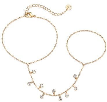 PAVOI 14K Yellow Gold Plated Cubic Zirconia Hand Chain Bracelet for Women | Dainty Multi-Stone Bracelet and Ring Chain Body Jewelry