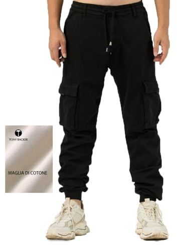 TONY BACKER Pantaloni Cargo Uomo in Maglia di Cotone Multitasche Laterali Casual e Chiusura Coulisse e i Lacci nella Vita 7905 (IT, Numero, 30, Regular, Regular, NERO-06N)
