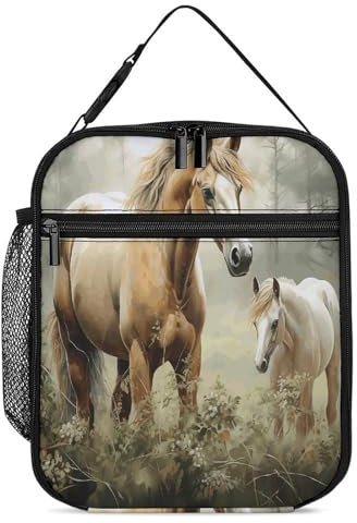 YJWANDO Isolierte Lunchtasche, Tier-Stickerei, Gemälde, Pferde-Druck, wiederverwendbare Lunchtasche, Lebensmittel-Aufbewahrungstasche für Arbeit, Picknicks, Reisen und viele andere Anlässe, 27,5 x 20