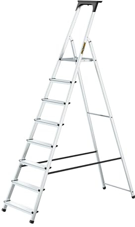 DRABEST 8 Step Ladder Folding - Aluminum Folding Ladder - Lader with a Tool Shelf & Work Platform - Stepladders 8 tread - Capacity 125 KG - Multi-Purpose Ladders - 52x237x11cm