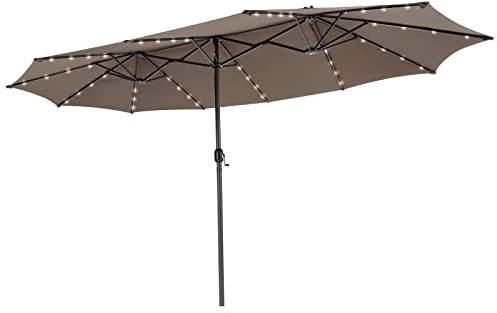 COSTWAY Doppelsonnenschirm mit LED-Beleuchtung, 450 x 260 cm | Sonnenschirm Groß XXL, UPF 50+, Gartenschirm mit Kurbel, Terrassenschirm, Marktschirm für Garten, Terrasse, Braun