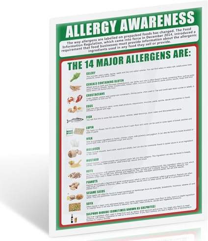 Cartel de concientización sobre alergias alimentarias, 14 alérgenos regulados, póster laminado de 400 g para aceite e impermeable, póster esencial de información sobre alérgenos para empresas