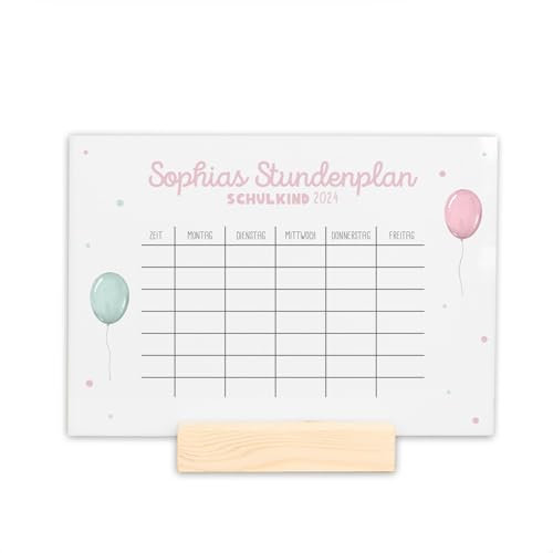 Stundenplan mit individuellem Motiv & Namen, abwischbar, Geschenk zur Einschulung - optionaler Holzaufsteller, DIN A4 mit Stift (Rosa Ballon weiß)