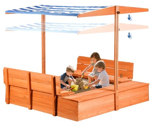 Kids Wooden Outdoor Sandbox with Cover，Sand Boxes with Canopy and Foldable Storage Bench Seats, Sand Table with Protection Bottom Liner,Kids Play Equipment for Outdoor(47X47Inch)