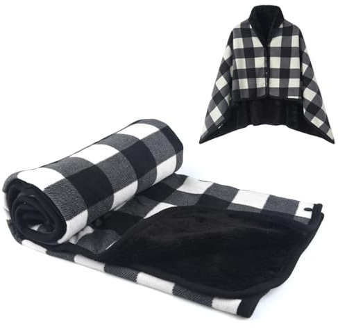 SIVENKE Damen Poncho Fleece Tragbare Decke, Karierte Schoßdecke Bequemer Poncho Plüschdecken Überwurf Schal Wickelbezug Umhang mit Knöpfen für Bett Sofa Büro