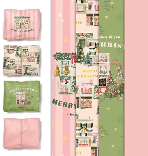 NICROHOME EUR 24 Blatt Weihnachten Geschenkpapier Salbeigrünes Rosa | 15x20 Zoll Seidenpapier mit Weihnachtsbaumhaus-Schneemannsocken-Muster, Geschenkpapier für kleine Weihnachtsfeiern Geschenke