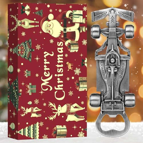 LKKCHER Regali di Natale per auto da corsa, apribottiglie, regali di Natale per uomini, papà, marito, fidanzato, regali per auto da corsa, argento con confezione regalo di Natale e biglietto di Natale