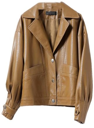 Kurze, lockere Damen-Jacke aus Schaffell, Umlegekragen, verdeckte Knöpfe, lässiger Ledermantel, braun, XL