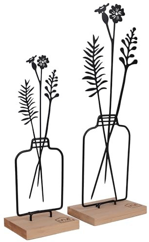 UNUS Juego de 2 jarrones de flores, 23,5 cm y 31,5 cm de alto, soporte de metal con base de bambú, en negro, decoración primaveral para ventana, mesa o estantería