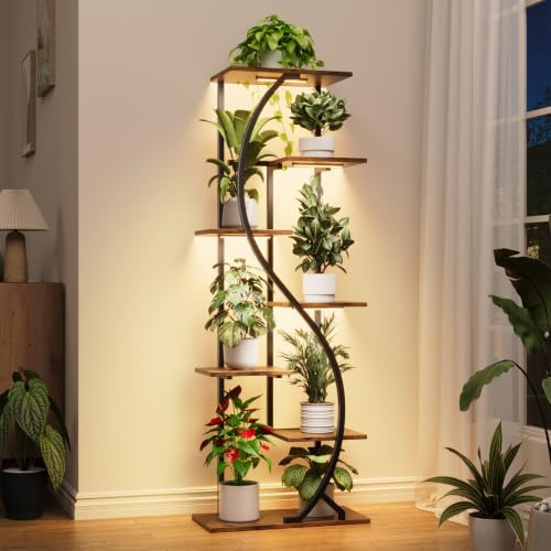 MJOMKN 150 cm hoher Pflanzenständer mit Wachstumslicht für den Innenbereich, 7-stöckiges Metall-Pflanzenregal, S-förmiger Blumenständer, Eckregal für Wohnzimmer, Terrasse, Balkondekoration