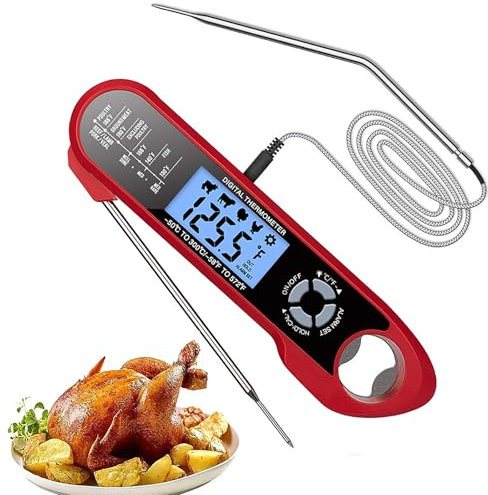 Termometro Per Carne Digitale, Retroilluminazione LCD, Termometro Da Cucina, Lettura Istantanea, Con Apribottiglie, Funzione Allarme, Design a Doppia Sonda, Per Cucina Ed Esterno, Barbecue, Tacchino,