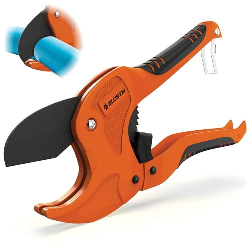 BLOSTM Plastic Pipe Cutter - Heavy Duty Ratchet Pipe Cutters with 42mm Outside Diameter Cutting Capacity for PVC PEX PPR Plastic Pipes & Rubber Hoses, Ergonomic Non-Slip Handle & Safety Lock (Orange)