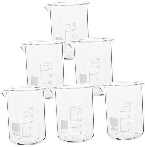 Hohopeti 6 Stück Glasbecher 50ml Hitzebeständig und Chemisch Resistent für Laborprojekte und Küche Kleine Messbecher Laborbedarf Becherglas