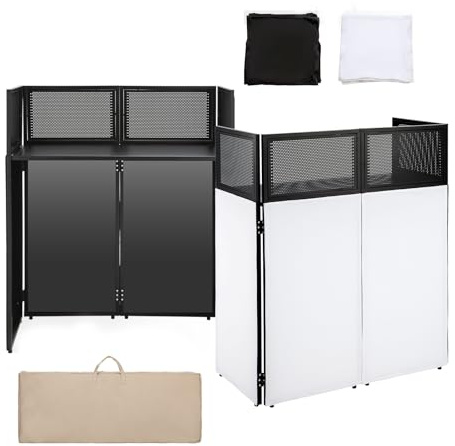 Portable DJ Booth Facade Stand | Foldable DJ Table with 38.5x19 Surface & Cable Hole | Includes Black/White Scrims & Carry Bag for Events, Parties, Mobile DJs (DJ Station, Event Facade)