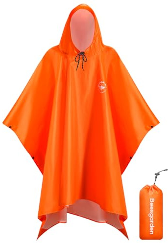 Beesgarden Vattentät regnponcho dam herr, lätta vattentäta regnjackor med huva, 3-i-1 multifunktionell vikbar skyddstäcke skydd presenning för utomhus camping vandring fiske, apelsin, 30-34