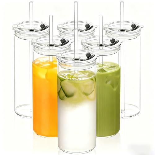 KEMORELA 6er Set 530ml Trinkgläser mit 2-in-1 Deckel & Strohhalm – Runde Glasbecher für Eiskaffee, Smoothies & Saft – Wiederverwendbare Gläser für Zuhause, Büro & Unterwegs ，spülmaschinengeeignet