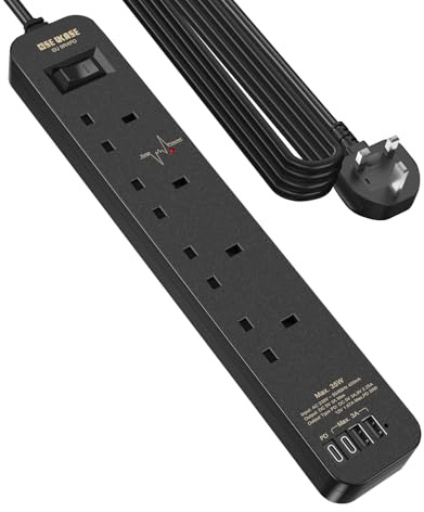Extension Lead Power with USB C PD 20W, 4 Way Socket 1200 Surge Protection with 4M /13.12FT Long Extension Cord Multi Plug 2990W Safety Shutter for TV PC Laptops Tablets