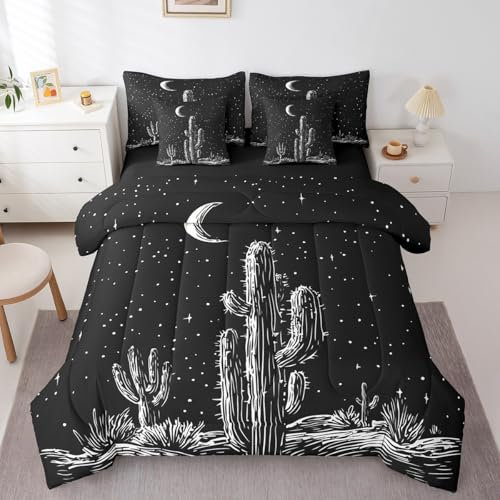 Erosebridal Western 7 Piece Comforter Set Queen Size Cactus Sheet Set Bed in A Bag for Kids Boys Girls Vintage Southwestern Desert Comforter Retro Moon Night Glitter Stars Plants Black White Bed Set