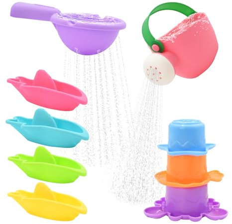 Aolkee Bath Toys for 1 2 3 4 Year Olds Toddler Kids, 9pcs swimming Pool Toys With Watering Can, Stackable Bath Boat, Bath Cups, Shower Scoop for bathtub, beach, pool
