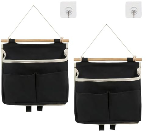 LUMOOM 2 unidades de almacenamiento colgante de alta capacidad, organizador de pared de tela de lino, práctico organizador para puerta con ganchos, ideal como organizador colgante para baño (negro)