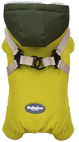 Izefia Dog Coat Pet Apparel Jumpsuit Windproof Cold Weather Coats 4 Legs Jacket Harness Chest Strap Warm Winter Thick Clothes Waterproof Snow Proof Cotton Coat for Small Dog Medium Cat Yellow XL