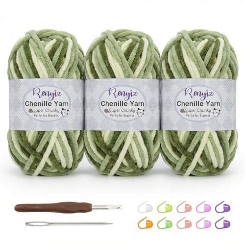 Chenille Wolle zum Häkeln - 300g 3-Rollen Farbverlauf Chunky Häkelgarn mit 6mm Häkelnadel Set, Flauschige Babywolle zum Stricken für Amigurumi, Babydecke, Schnellfertige Crafts (Emerald Green -3)