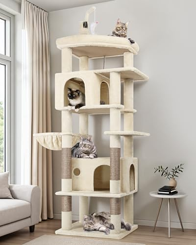Globlazer Árbol Rascador para Gatos Beige Grande 188 cm Alto con 2 Nidos, Grande Plataforma Acolchada, Felpa Cesta, Peluche Juguetes, Estable Torre para Gatos Adultos Descansar Jugar (F74B, Beige)