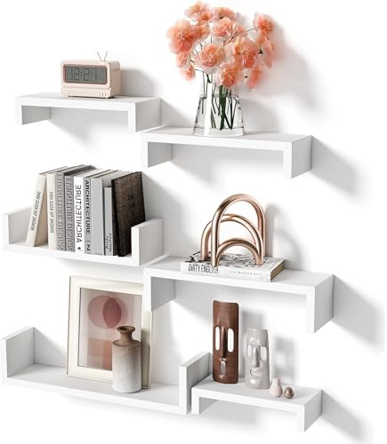 Wandregal Weiß 6 Stück Schweberegale - Regal Wand Moderne Wandboard Deko | DIY Wandmontage Hängeregale Regalbrett für Wohnzimmer Badezimmer Schlafzimmer Büro Küch
