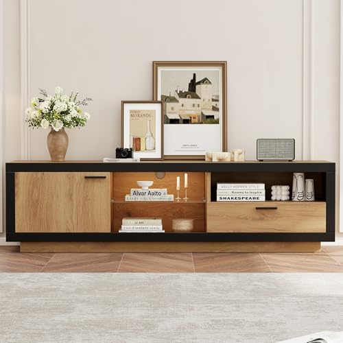 FammyLoft 160cm Modern TV Stand Cabient with 1 Drawer and 1Door, TV Cabinet with LED Lights, Entertainment Center with Open Storage for Living Room and Bedroom, 160 * 40 * 50cm, Black and Wood