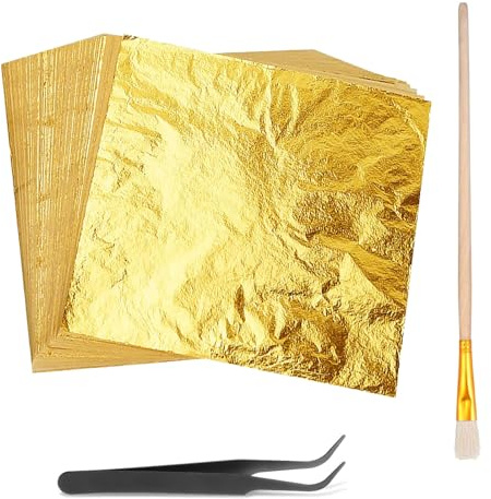 Hxjfnb 150 Blatt Goldfolie Flocken,Imitation Blattgold,Blattgold,mit Pinzetten und Bürsten,Goldflocken für Nägel, Holz, Möbel Dekoration,DIY Crafting(14x14cm)