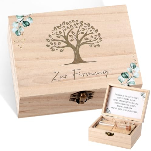 Namalu Set de 4 Regalos de Dinero de Firmung Caja de Madera de Hoja de Eucalipto y Árbol de Vida Tubo de Ensayo Astilla de Madera Tarjeta de Felicitación Rafia para Embalaje Fiesta Invitado Decoración