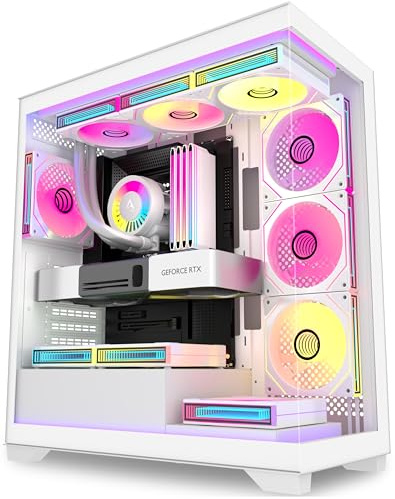 ANSAITE ARGB Mid-Tower ATX PC-fodral – panorama härdat glas – 7 x 120 mm fläktar ingår, 360 mm kylarstöd – omvänd anslutning moderkort kompatibelt – vit speldator