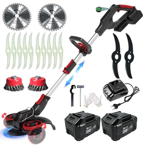 Debroussailleuse Electrique sans Fil, Coupe Bordure sans Fil avec 2 x 4.0Ah Batterie et 4 Types De Lames, 21V Débroussailleuse à Batterie Brushless avec Brosse Désherbage,Roues, Noir