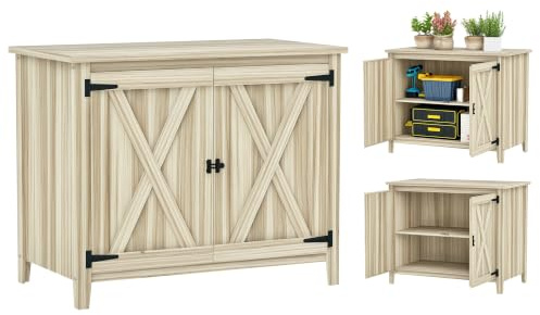 Outsunny Armoire de Jardin en Bois Étagères 110 x 60 x 88,5 cm Naturel | Double Portes, Placard de Jardin, Armoire à Outils