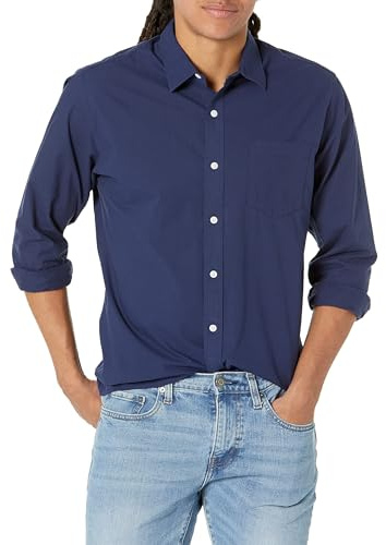 Amazon Essentials Men's Långärmad ledig poplinskjorta med normal passform, Marinblå, L