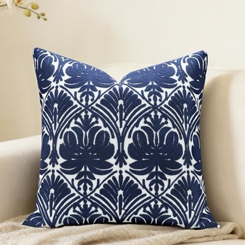 Slow Cow Embroidered Throw Pillow Cover 18 x 18 Inch Navy Blue