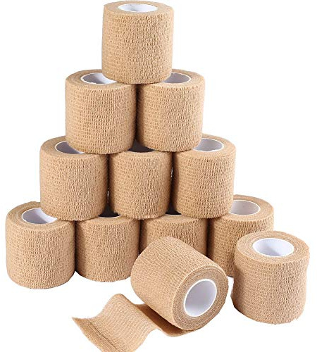 LotFancy Self Adhesive Bandage Wrap, 12 Pack, 2 x 5 Yards Non Woven Medical Tape, Latex Free, First Aid Tape for Athletic Wrist Ankle Sprains Swelling, Tan Color