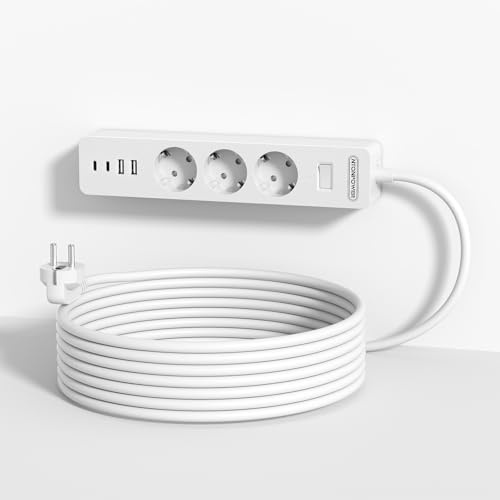 NTONPOWER 3-vägs grenuttag 3 m med USB-C flera uttag, överspänningsskydd, väggmontering, använd lim, lång förlängningskabel barnsäkring, vit, flerdelad