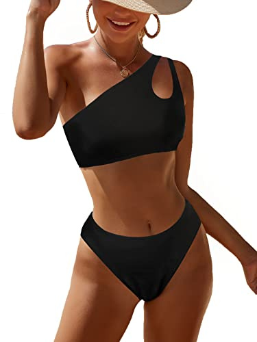 JFAN Bikini Donna con Una Spalla Scava Fuori la Stampa Serpentina in Due Pezzi Costume da Bagno a Vita Alta Bikini Donna Mare Donna in Moda Mare Push Up，Nero L
