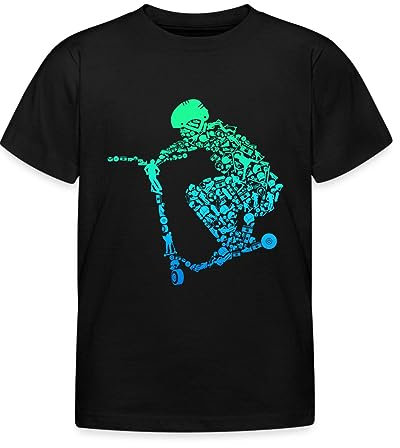 Spreadshirt Scooter Roller Stunt Freestyle Mit Helm Sprung Kinder T-Shirt, 110/116 (5-6 Jahre), Schwarz