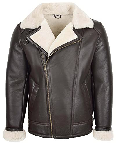 House of Leather Herren Echt Schaffell Jacke Flieger Pilot Fliegend Stil Kreuzen Reißverschluss Blen Braun Weiß 3XL
